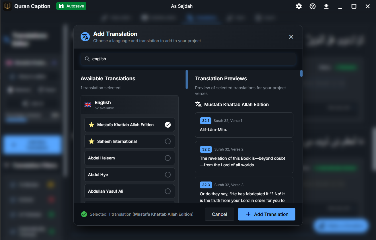 Add translation dialog showing language selection with English selected and multiple translation editions available