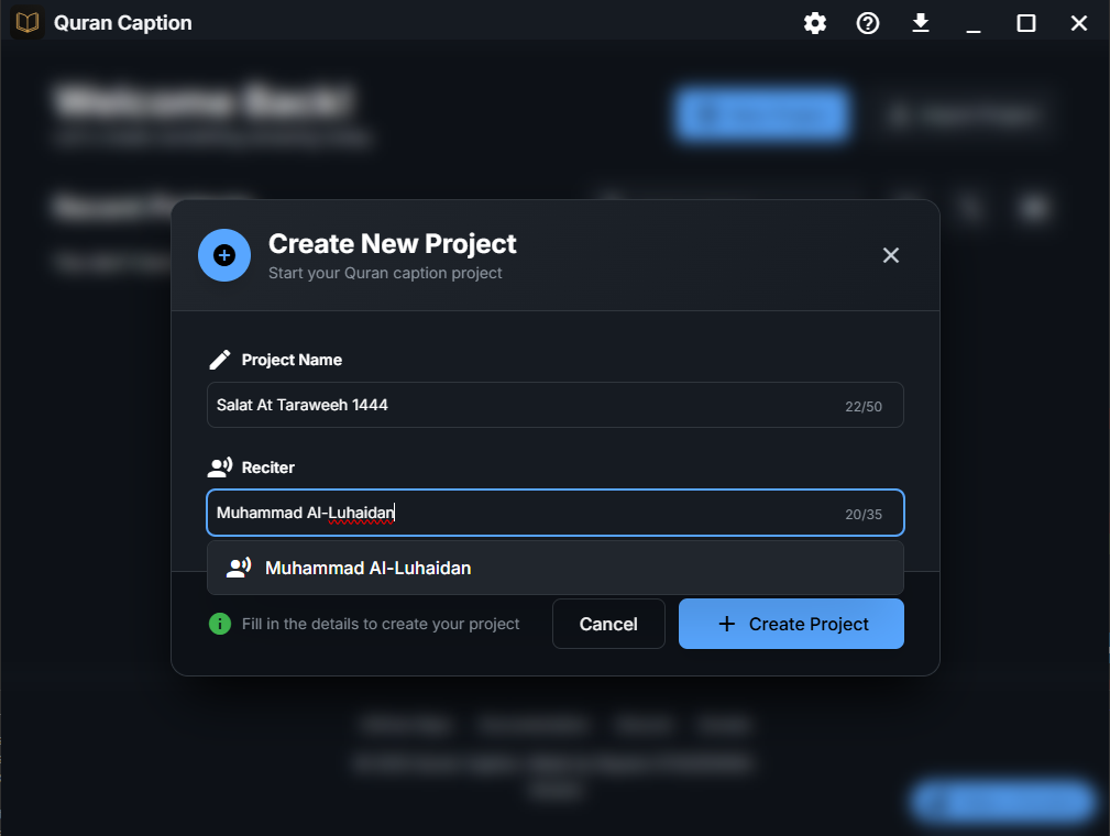 Create New Project dialog with fields for project name and reciter name