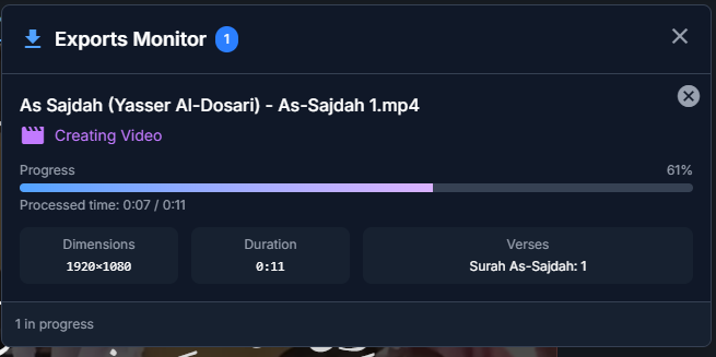 Export monitor showing real-time progress tracking with export details, completion status, and progress bar