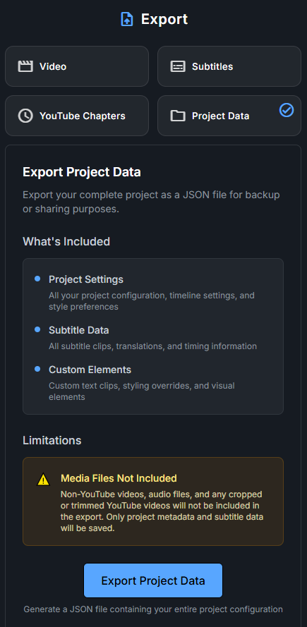 Project data export interface showing included components and limitations for backup and sharing
