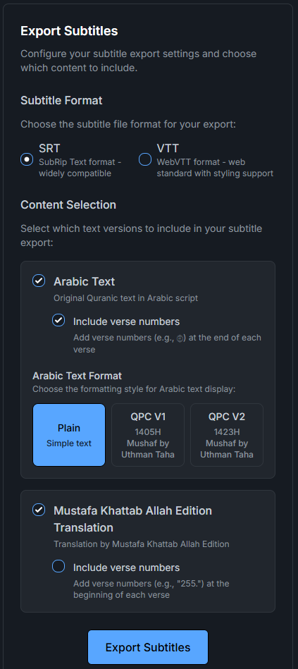 Subtitle export interface showing SRT/VTT format options, Arabic text formats, and translation selection