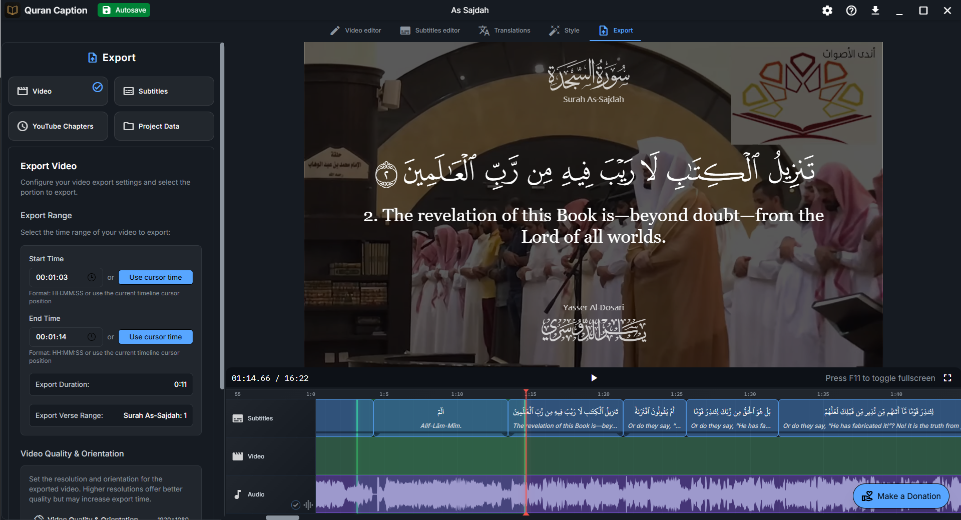Export tab interface showing four export options: Video, Subtitles, YouTube Chapters, and Project Data