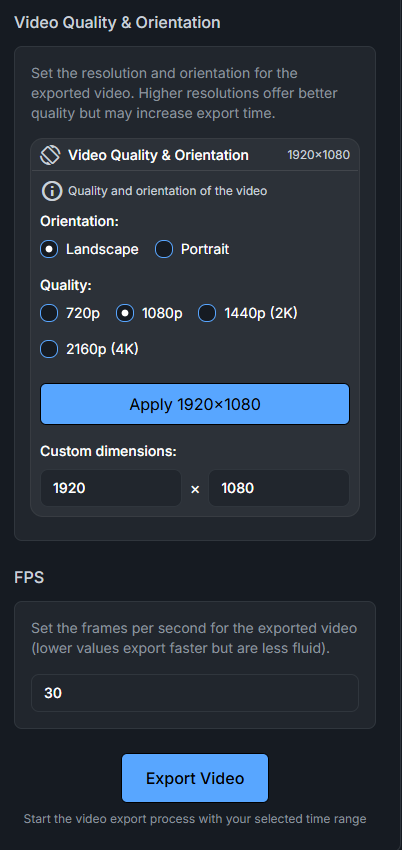 Video export interface showing time range selection, quality settings, FPS controls, and export duration display