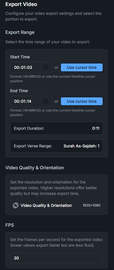 Video export interface showing time range selection, quality settings, FPS controls, and export duration display
