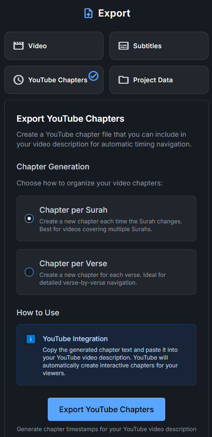 YouTube chapters export interface showing chapter generation options per Surah or per verse