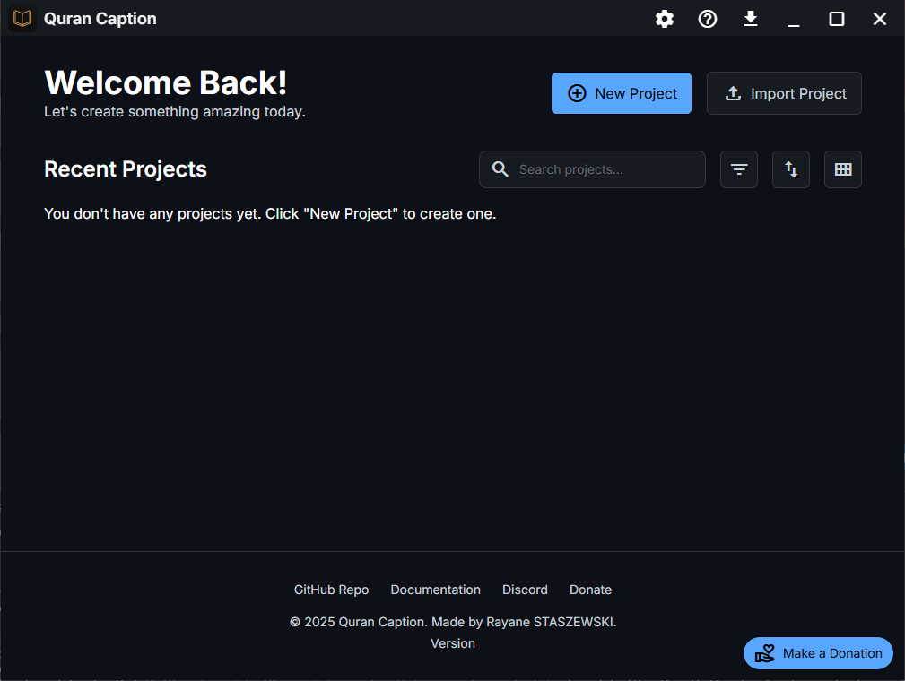 Quran Caption Home Screen showing the project dashboard with Create New Project button