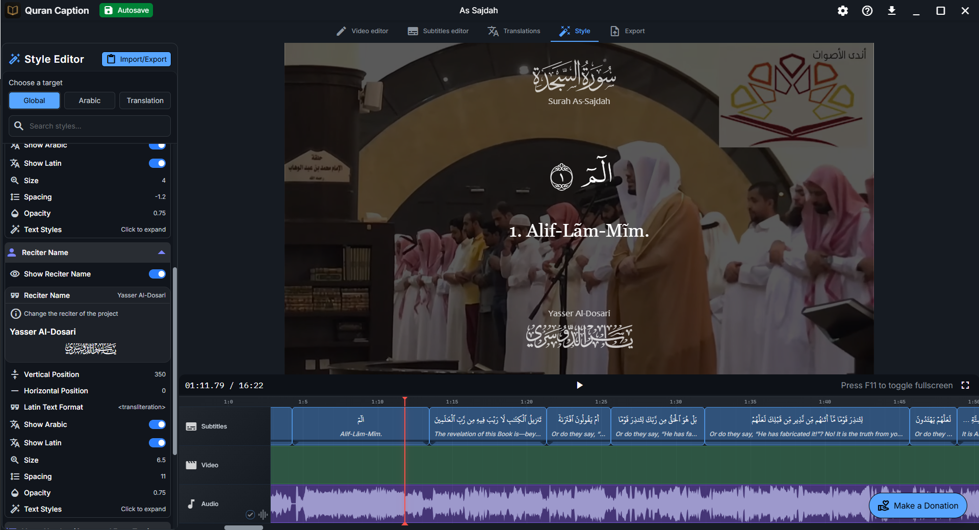 Style Editor interface showing Global, Arabic, and Translation tabs with comprehensive styling options