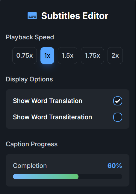 Subtitles Editor settings panel showing playback speed, display options, and caption progress