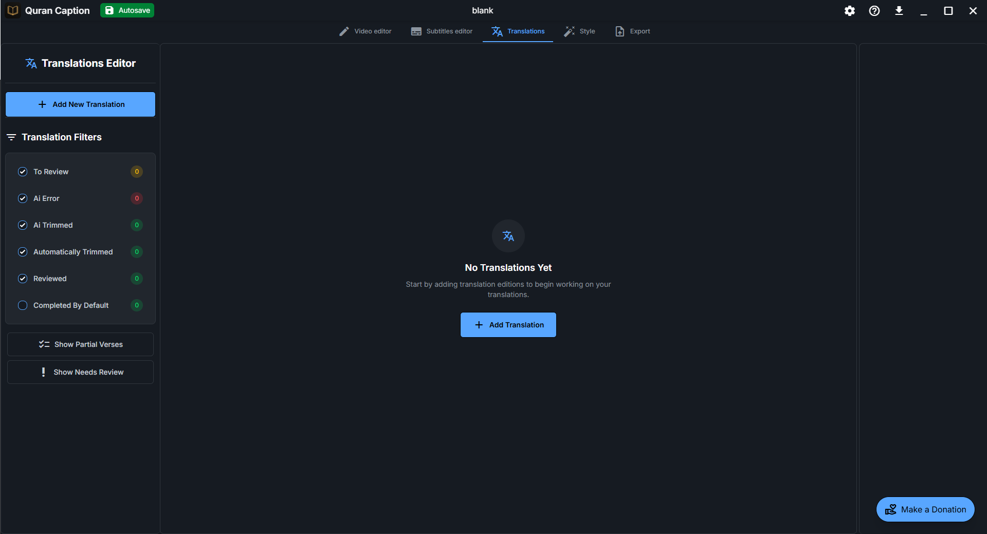 Translations Editor showing the empty state with Add Translation button and translation filters